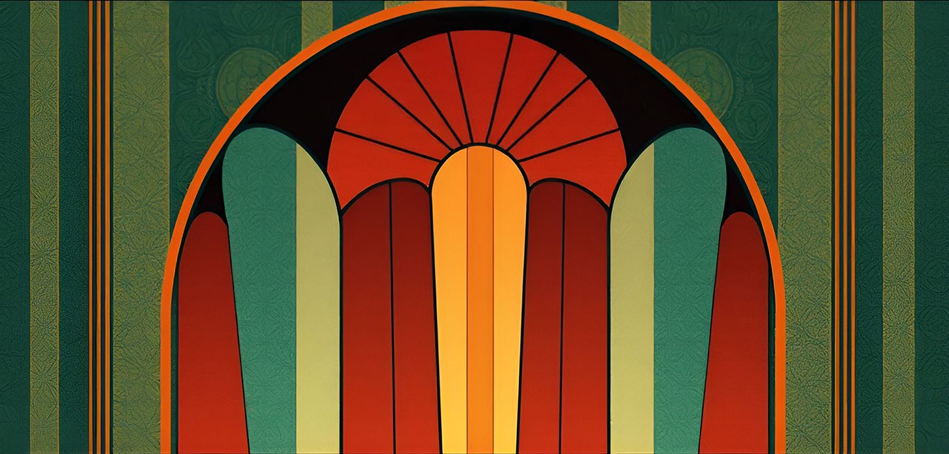 Art Deco fan arch in red, orange and cream